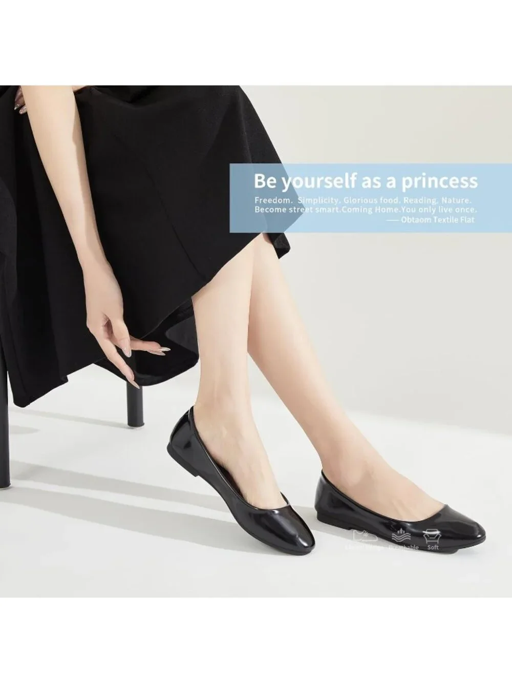 Women's Patent Black Textile Round Toe Flat Shoes Slip on Dress Comfortable